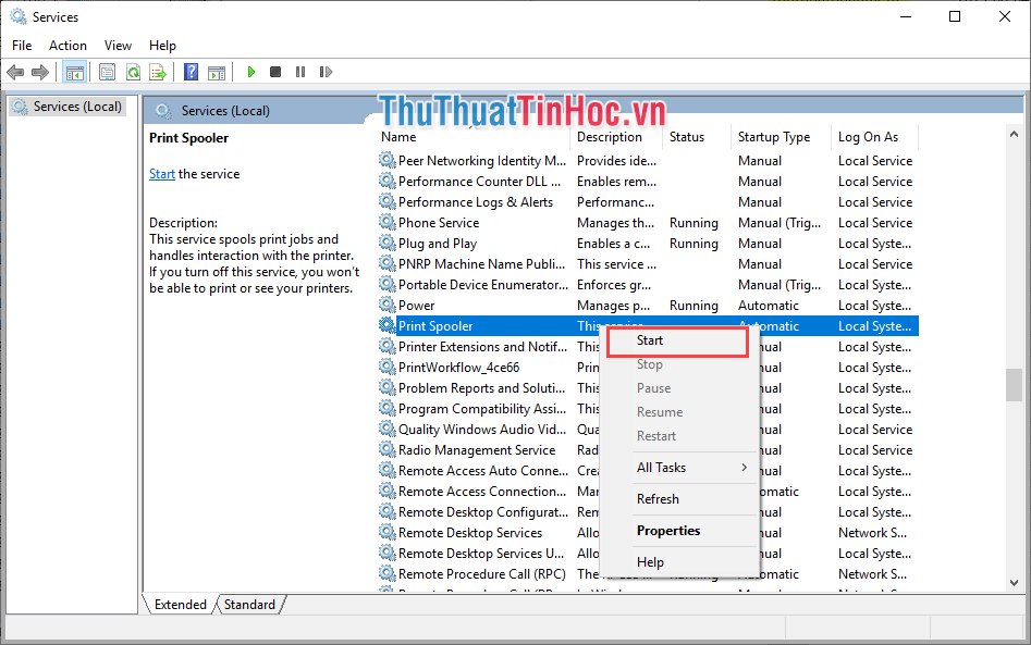 Tìm đến Print Spooler rồi nhấn Start