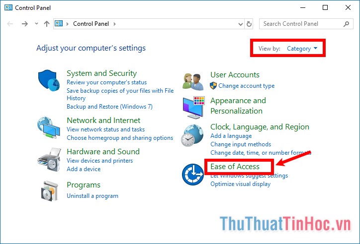Chọn View by là Category, sau đó chọn Ease of Access
