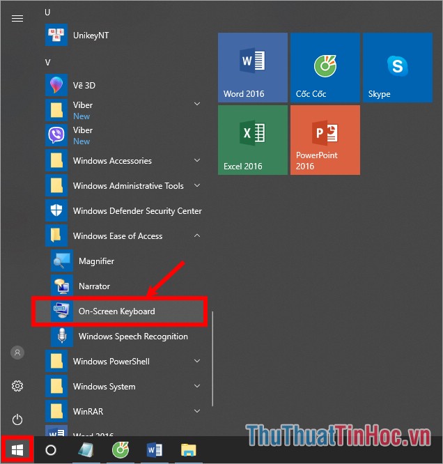 Mở bàn phím ảo trên Win 10 sử dụng Start Menu