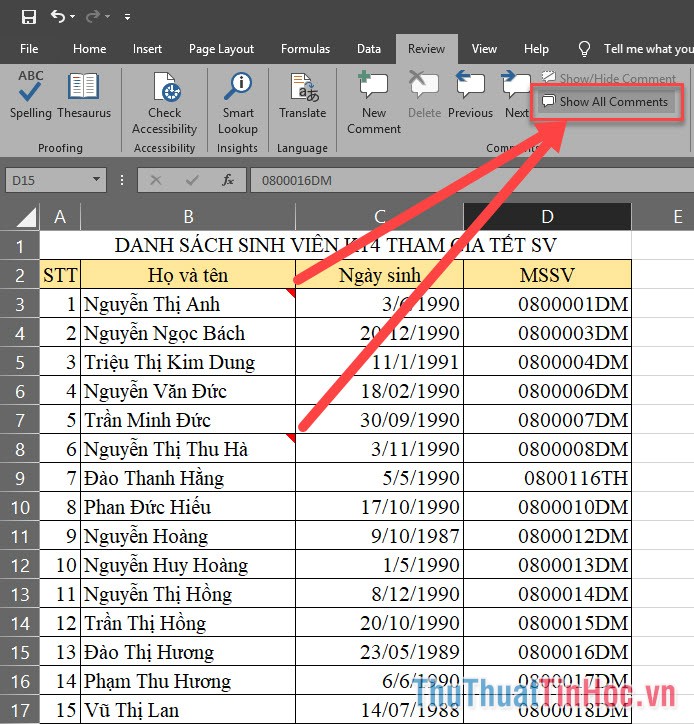 Vào tab Review và chọn Show All Comment trong mục Comment
