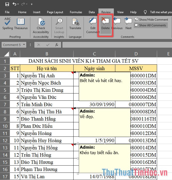 Xóa chú thích trong bài