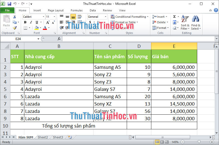 Thực hiện tính tổng số lượng sản phẩm