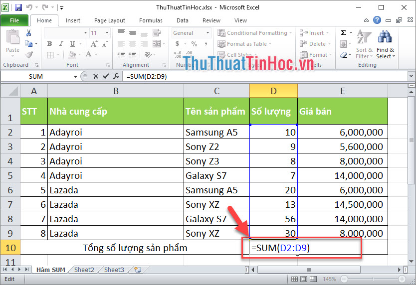 Dùng công thức =SUM(D2;D9)