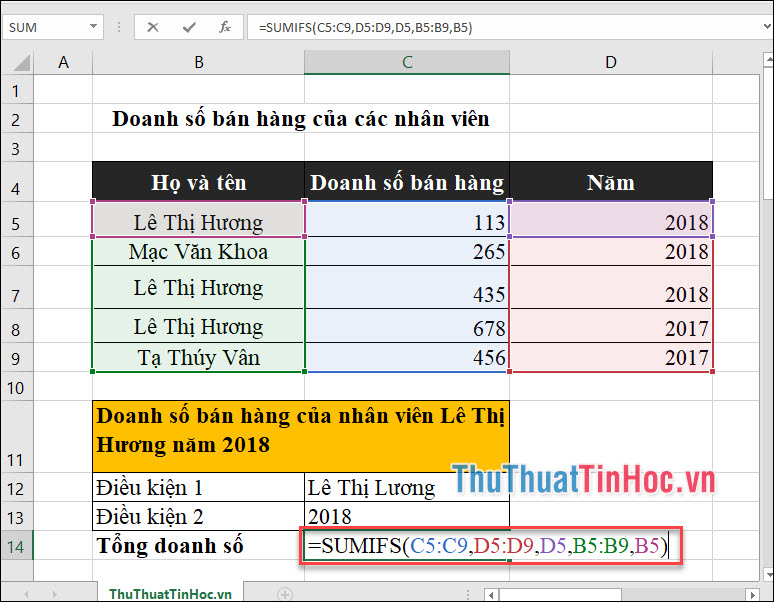 Tính doanh số bán hàng của nv Lê Thị Hương trong năm 2018