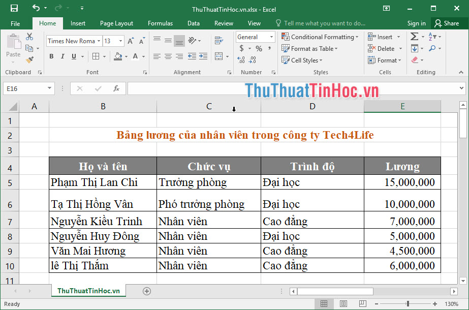 Bảng tính lương của các nhân viên trong công ty TNHH Tech4Life