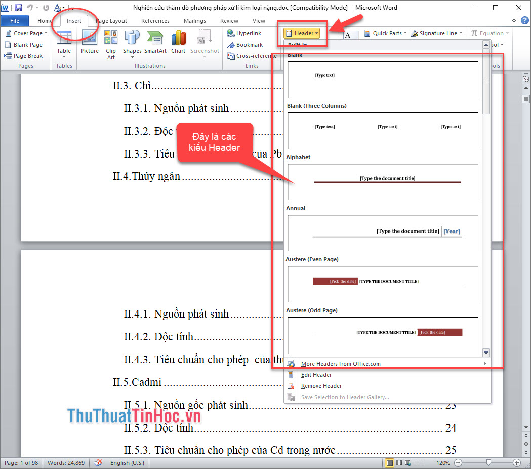 Click vào Insert - chọn Header