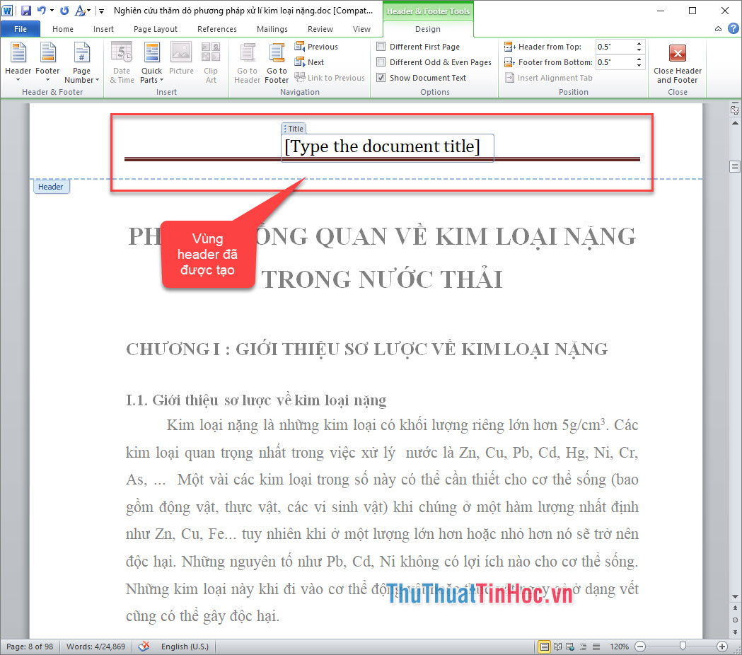 Vùng header sau khi được tạo