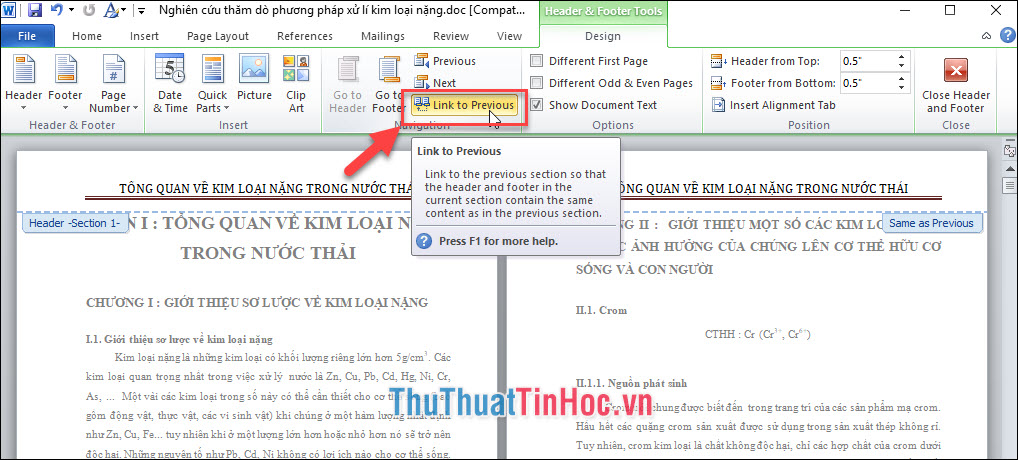 Click vào Link to previous để tắt liên kết với các trang trước