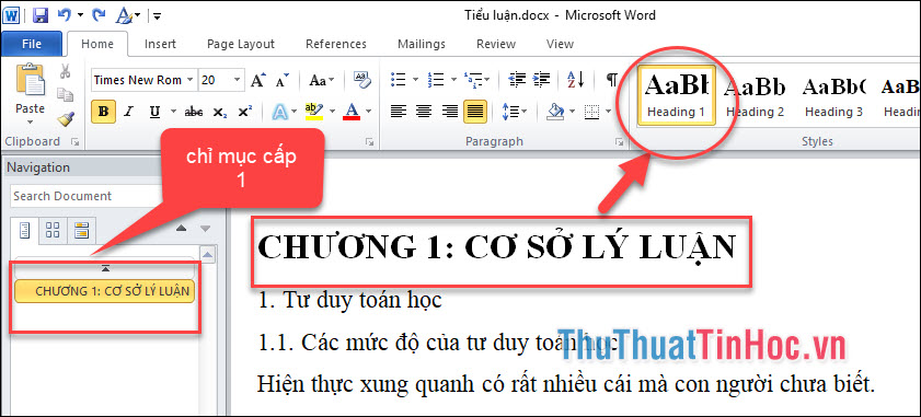 Áp dụng style Heading 1 (chỉ mục cấp 1) cho Chương I