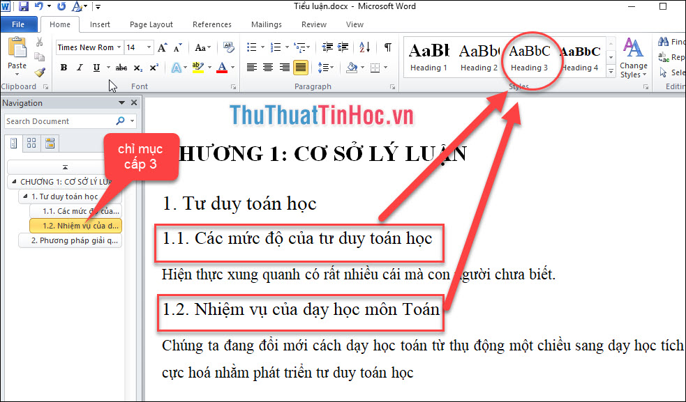 Áp dụng style Heading 3 (chỉ mục cấp 3) cho các phần đề mục nhỏ hơn Heading 2