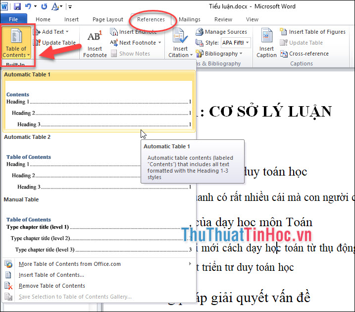 Chọn Tab References - Table of Contents - Automatic Table 1