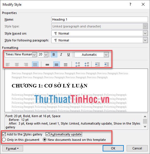 Đến phần Formatting chỉnh cỡ chữ, kiểu chữ, in đậm chữ và căn lề cho Heading 1