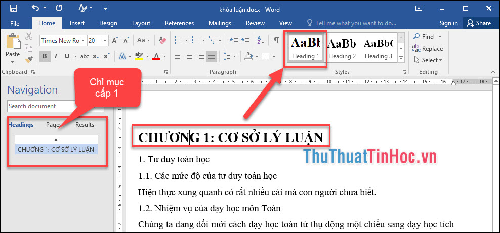 Áp dụng style Heading 1 (chỉ mục cấp 1) cho Chương I