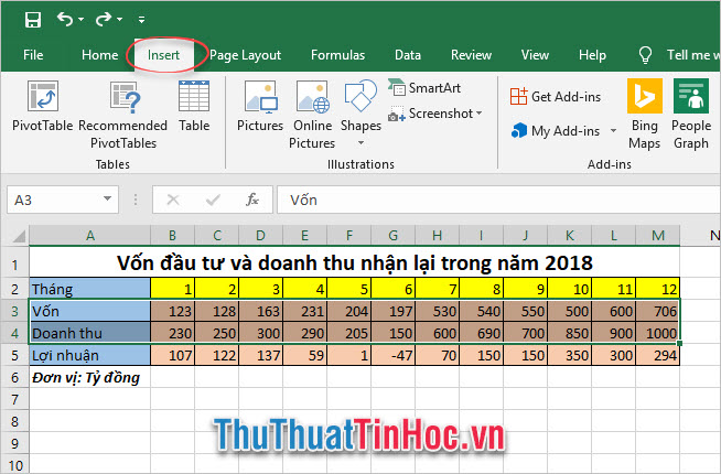 Bôi đen mảng dữ liệu, sau đó vào Insert