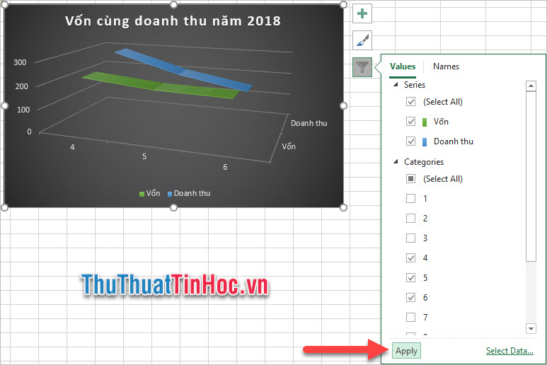 Chỉnh sửa dữ liệu hiển thị trên biểu đồ với Values