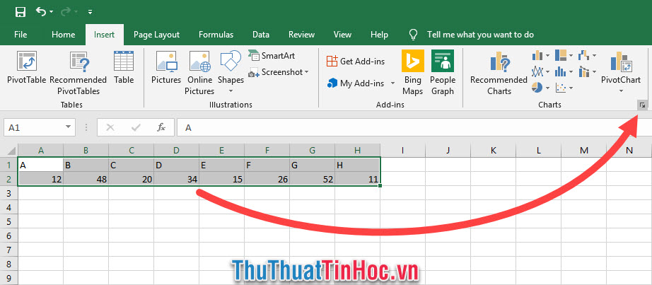 Bôi đen toàn bộ bảng dữ liệu - Vào phần tùy chọn mở rộng của Charts trong thẻ Insert