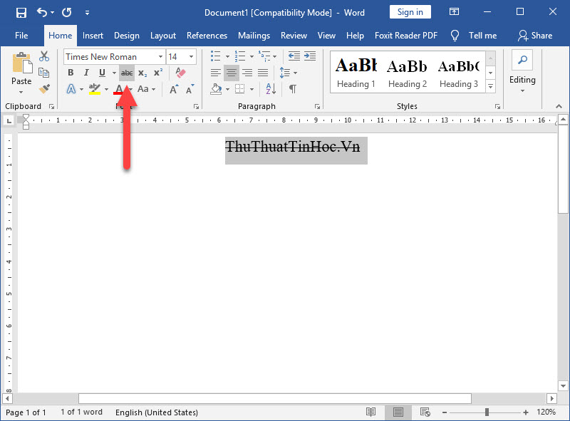 Bôi đen chữ sau đó click vào biểu tượng gạch ngang Strikethrough