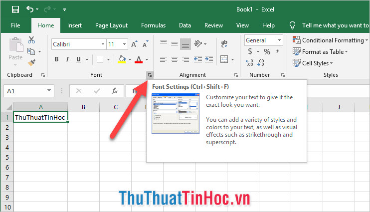 Click vào biểu tượng mở rộng của mục Font trong ribbon Home