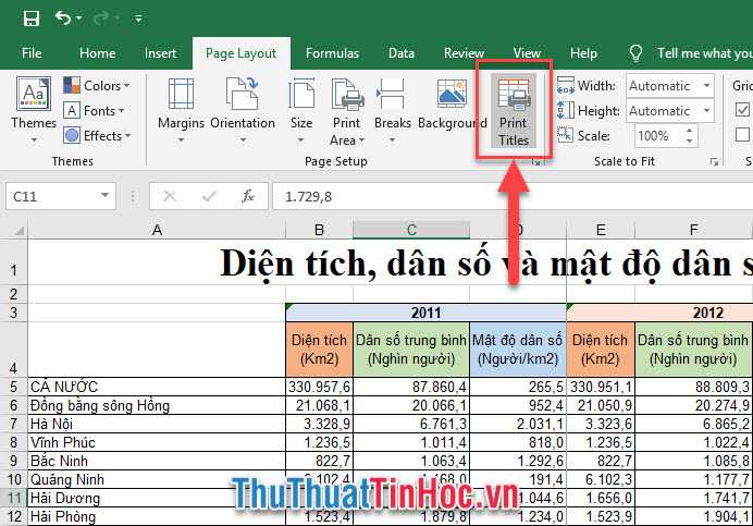 Mở Page Layout ra, trong mục Page Setup chọn chức năng Print Titles