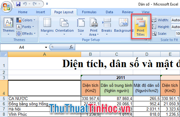 Vào Page Layout, mở chức năng Print Titles ở trong mục Page Setup