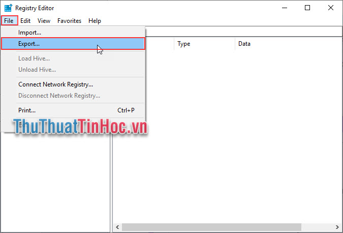 Mở Registry lên, chọn File - Export