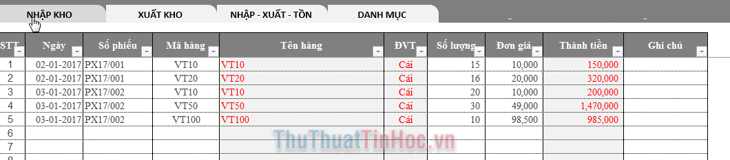 Mẫu file quản lý kho đơn giản