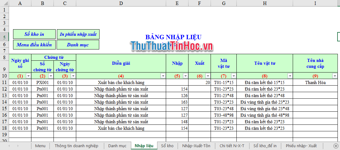 Mẫu file quản lý kho, xuất nhập tồn cho nhà máy