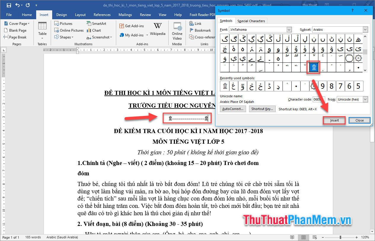 Click chuột để chọn ký tự, sau đó nhấn Insert