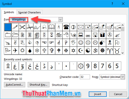 Chọn những ký tự khác theo font