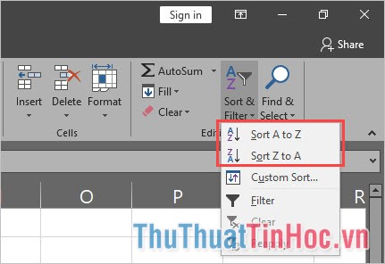 Chức năng Sort A to Z hoặc Sort Z to A