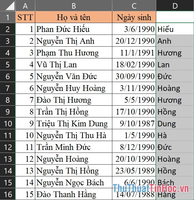 Bôi đen cột tên vừa mới tách