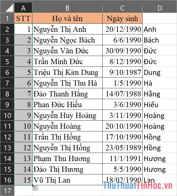 Tạo lại một cột số thứ tự mới cho danh sách tên mới