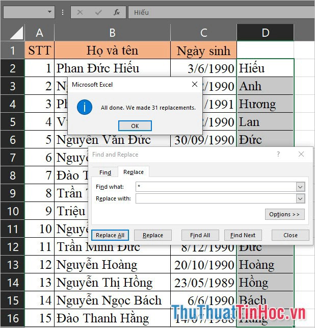 Excel đã tách tên hoàn tất