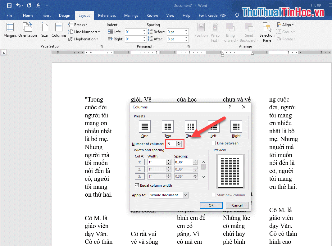 Thiết lập Number of columns