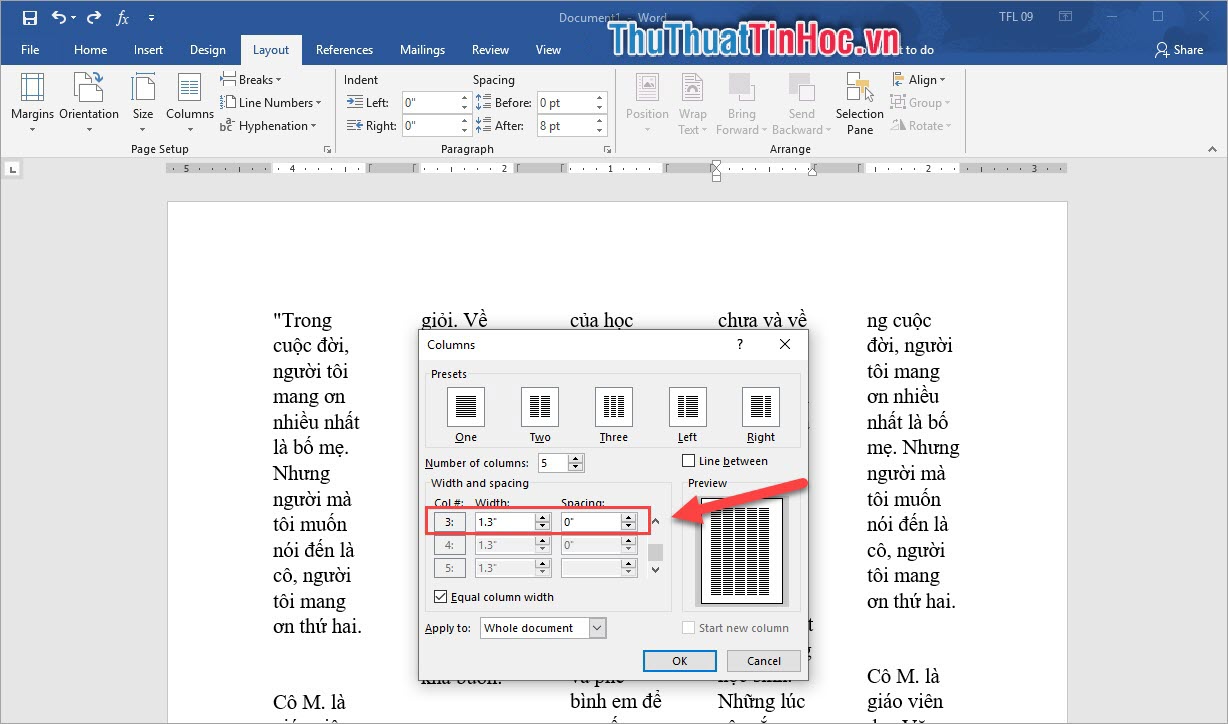 Thiết lập Width and Spacing