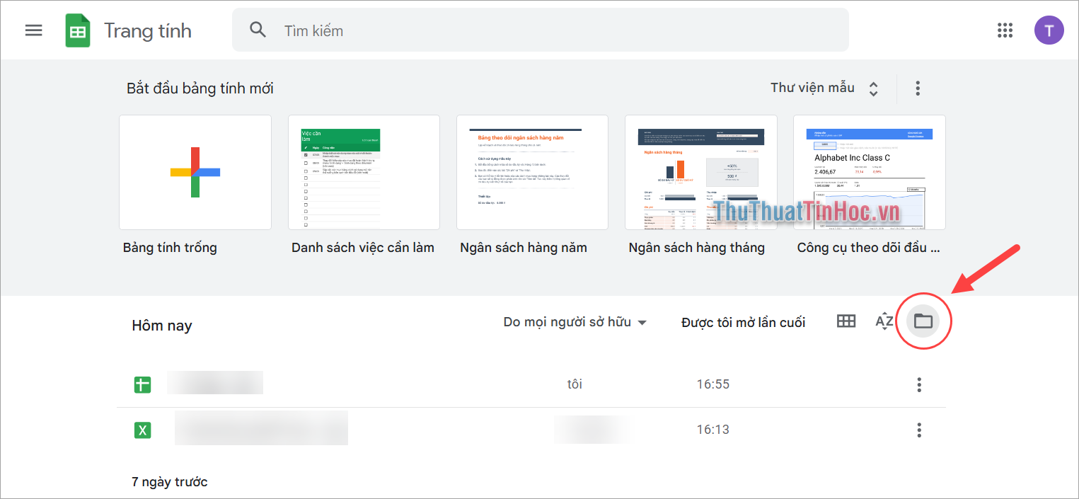 Truy cập trang chủ Google Trang Tính, chọn biểu tượng Thư mục trong thanh công cụ