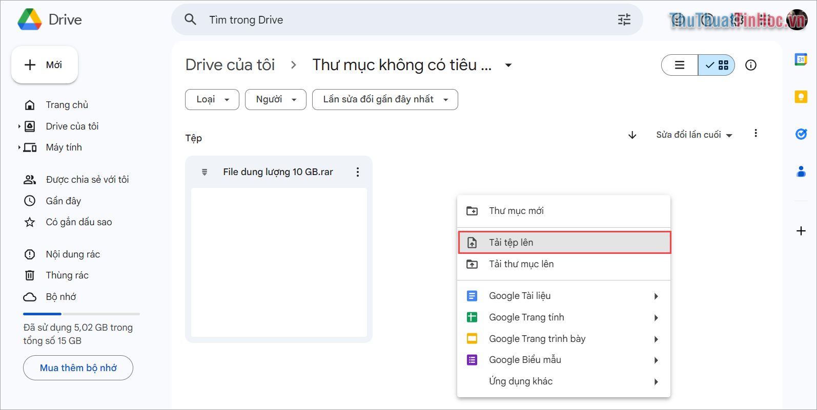 Truy cập trang chủ Google Drive, Click chuột phải vào màn hình và chọn Tải tệp lên