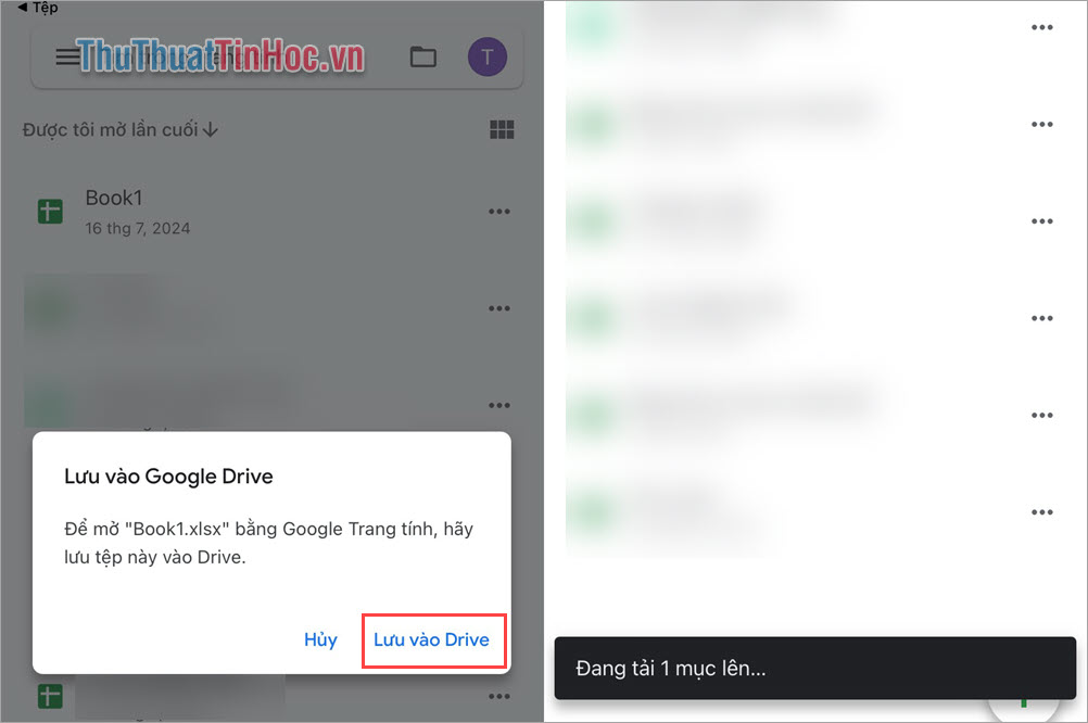 Chọn Lưu vào Drive và chờ dữ liệu được tải lên để tiếp tục