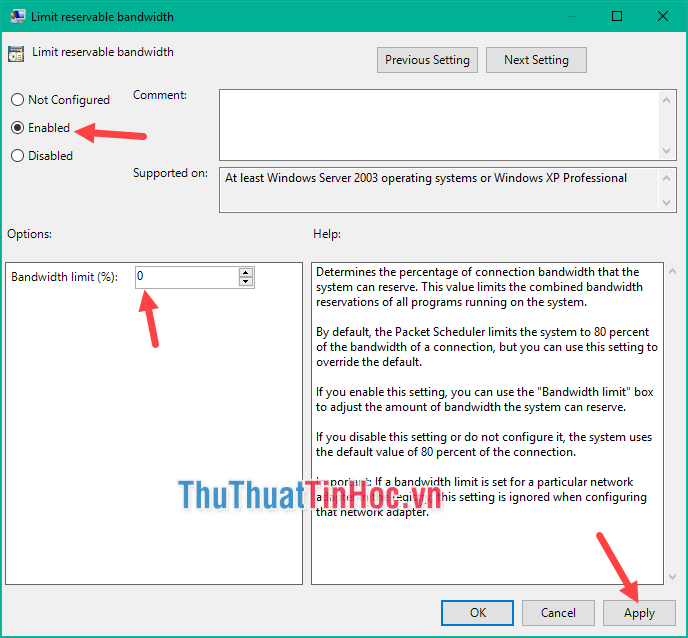 Điền 0 vào Bandwidth limit