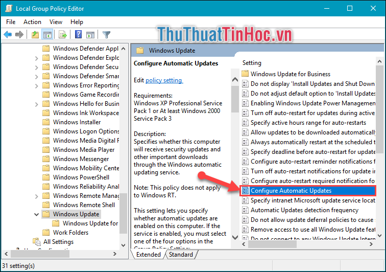 Tìm và kick đúp chuột vào dòng Configure Automatic Updates