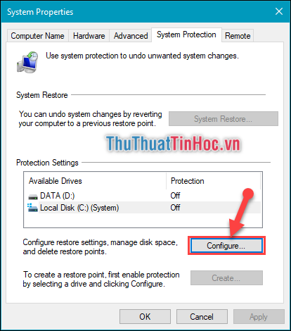 Tích chọn lấy ổ C rồi chọn Configure