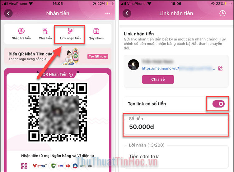 Nhấn vào công tắc Tạo link có số tiền ➔ Nhập số tiền bạn yêu cầu