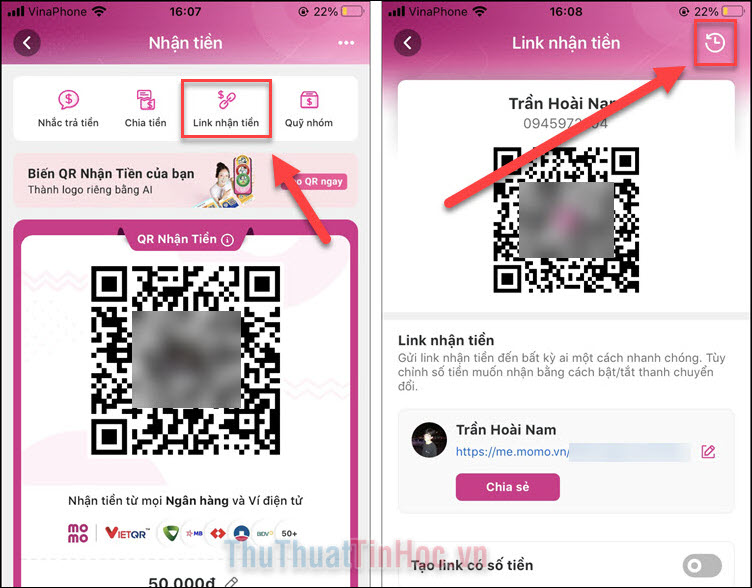 Bấm nút Link nhận tiền ➔ Nhấn vào biểu tượng Đồng hồ ở góc trên cùng bên phải