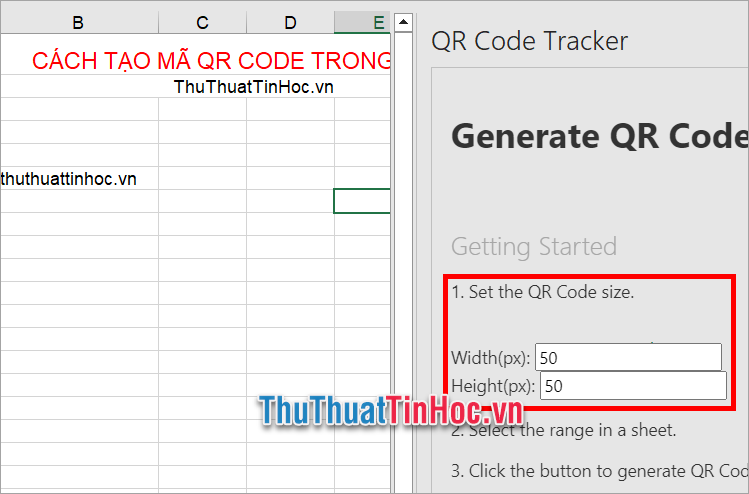 Nhập kích thước cho mã QR Code bạn muốn tạo trong phần Set the QR Code size