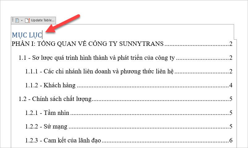 Đổi lại các ký tự Contents/Table of Contents thành Mục lục