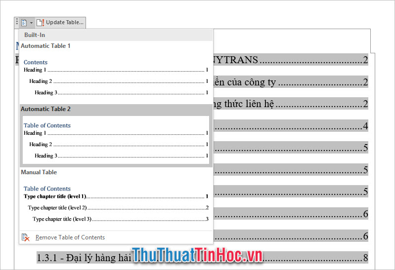 Chức năng Table of contens để chỉnh sửa lại kiểu dáng mục lục khác