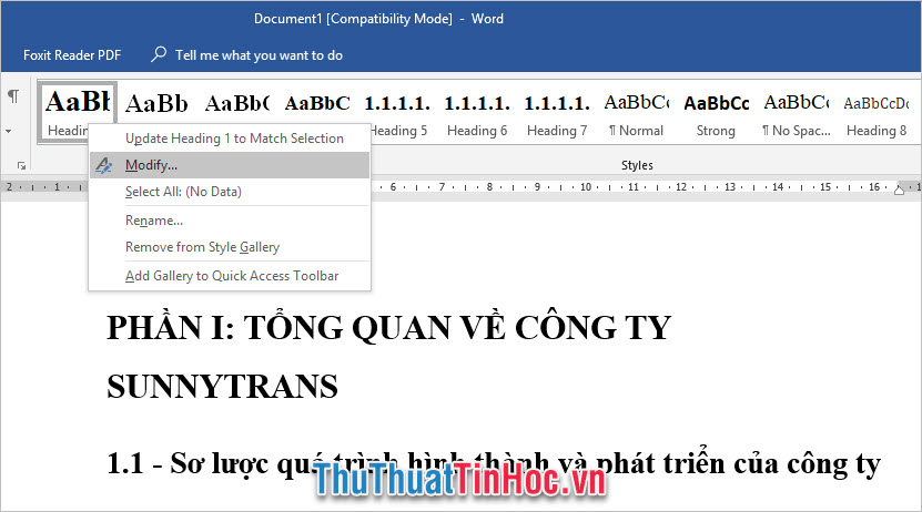 Click chuột phải vào Heading đó ở mục Style trong Home rồi chọn Modify