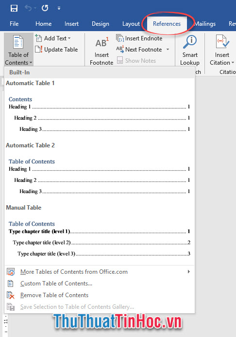 Table of Contents trong giao diện của Word 2016