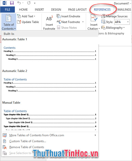 Table of Contents trong giao diện của Word 2013