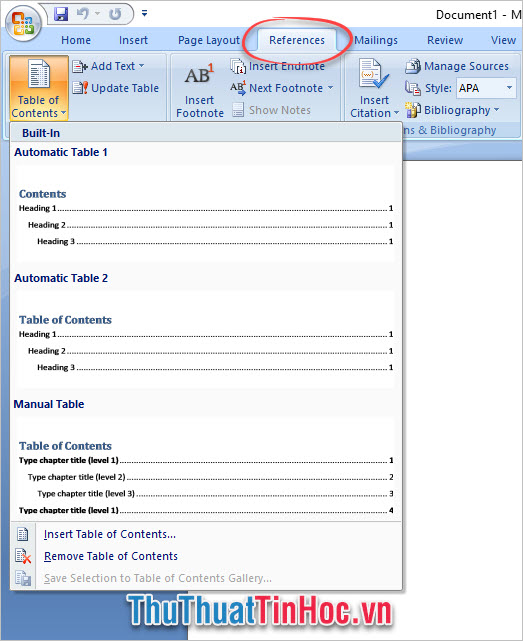 Table of Contents trong giao diện của Word 2007